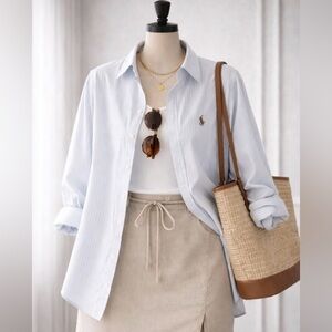 👔✨ Ralph Lauren Button-Down | Blue Pinstripe Oversized